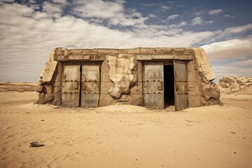 Bunker in a desert Sandy Landscape with Aged Doors - obrazy, fototapety, plakaty