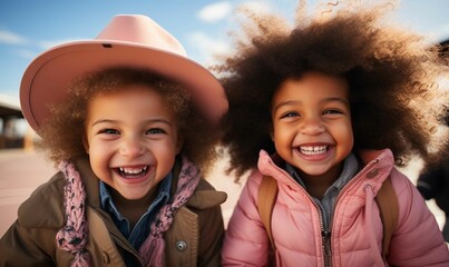 Two joyful young children wearing warm clothes, laughing and enjoying a sunny day together, exuding happiness and innocence.