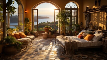 Fototapeta na wymiar Elegant Mediterranean Bedroom with a Terrace Overlooking the Ocean