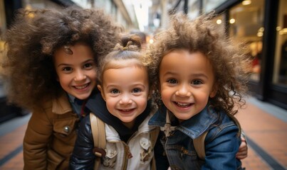 Three joyful children with curly hair smiling in an outdoor shopping area, exuding happiness and innocence.