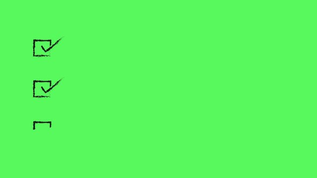 2d animated black check mark tick sign in square checkbox on green  background with blank space for design. Animated square black checklists with empty space for text. Used in explainer videos.