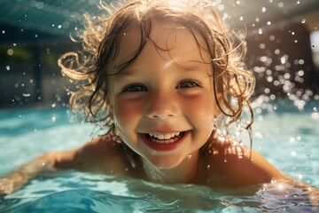 Fototapeta na wymiar Ecstatic kid having fun in the swimming pool