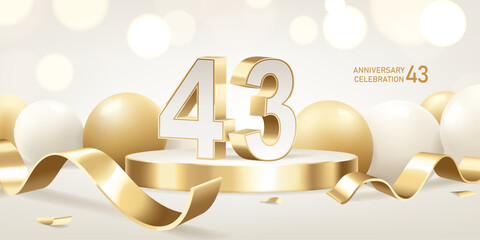 
43rd Anniversary celebration background. Golden 3D numbers on round podium with golden ribbons and balloons with bokeh lights in background.