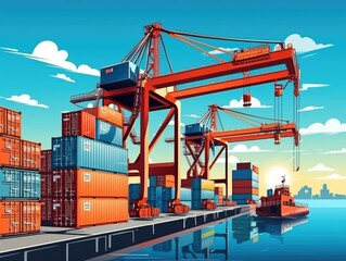Commercial Shipping Dock with Cranes and Ship.  Colorful illustration of a busy shipping dock with cranes loading a docked cargo ship