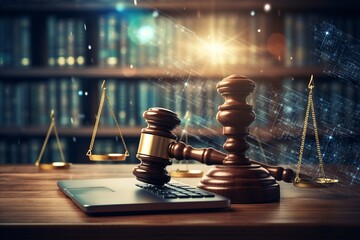 AI Ethics and Law. Gavel and Laptop Illustrating Technology Control in Legal Regulations