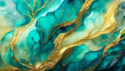 Fotobehang Magnifique texture d'arrière-plan marbré de couleur turquoise et or  © Jojo Huyghe