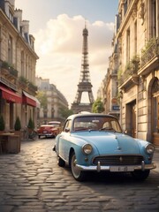 Vintage car in the beautiful streets of Paris, Old American car parked opposite to Great Eiffel Tower