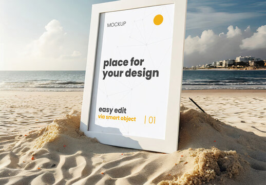 Vertical Poster Frame Mockup on the Beach 02