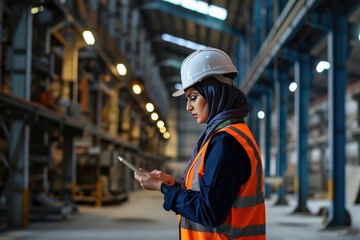 A female Arab worker wearing hijab at modern warehouse
