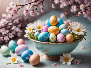 Fototapeta premium Colorful Easter eggs nestled among spring blossoms with soft-focus flowers and light creating a fresh, seasonal atmosphere