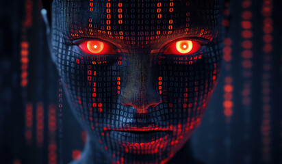 Genderless person face,  red glowing abstract digital background. Evil artificial intelligence threat or risk of self aware malignant computer code. Generative AI