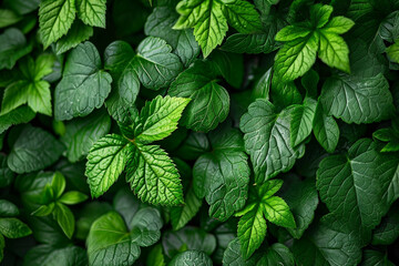 Lush Green Foliage Texture: A Close-Up View of Vibrant Green Leaves, Creating a Rich and Organic Texture."