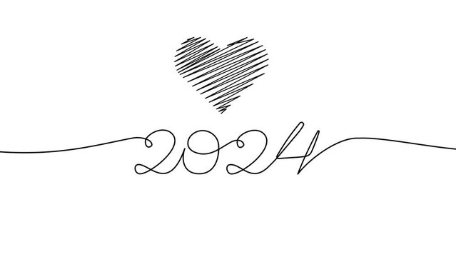 Happy new year 2024. Line Art concept Animation. moving Heart on top. Minimalist line art can be used anywhere.