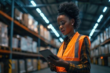 A female Afro-American worker wearing an orange working vest at modern warehouse