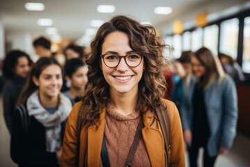 portrait of a smiling female college student with curly hair wearing glasses
