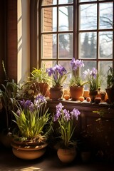 irises in pots stand on the window, spring flowers