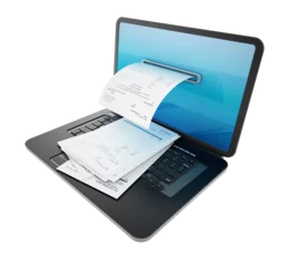 Fotobehang Fictitious payment receipt coming out of laptop screen. Transparent background. 3D illustration © Destina