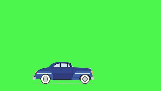 2D animated vintage dark blue Car stops and moving isolated with shadow on Green Screen Background. Animated video. Can be used in cartoons. Royalty free.