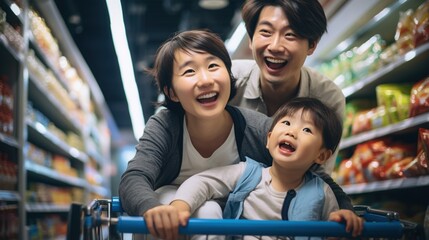 Fototapeta premium Happy family shopping together in supermarket