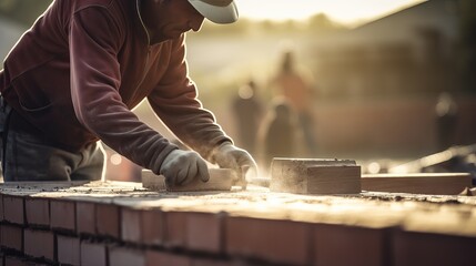 A construction worker is using a trowel and putty knife outdoors to install red brick. - obrazy, fototapety, plakaty