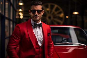 man in a red tuxedo stands in front of a red sports car