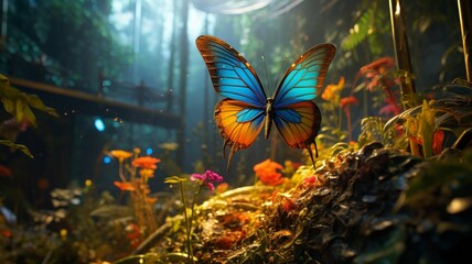 A mesmerizing butterfly with translucent wings, resting on a vibrant jungle flower -Generative Ai