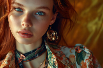 Fototapeta premium Serene redhead woman in floral attire