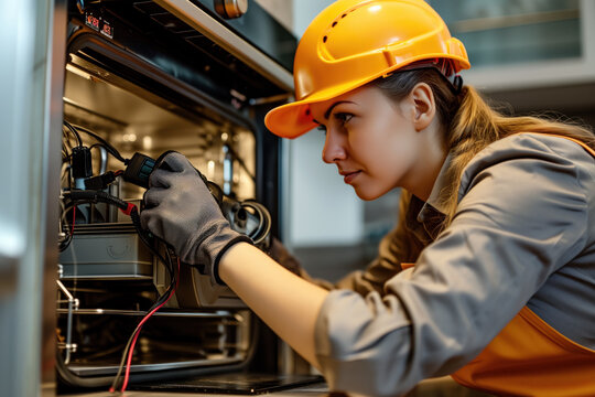 Female electrician checking appliance wiring