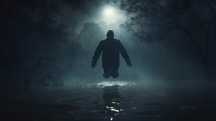 A man floating is the subject of a creepy scene. - obrazy, fototapety, plakaty