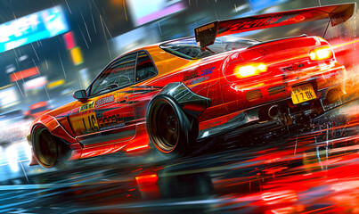 Amidst the cityscape, a high-performance car races past, surrounded by neon lights and motion-blurred scenery.