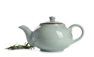 Teapot of hot rosemary tea on white background