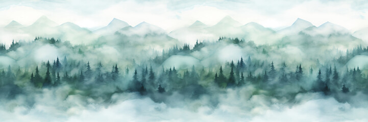 Seamless border with hand painted watercolor mountains and pine trees. Seamless pattern with panoramic landscape in green and white colors. For print, graphic design, wallpaper, paper