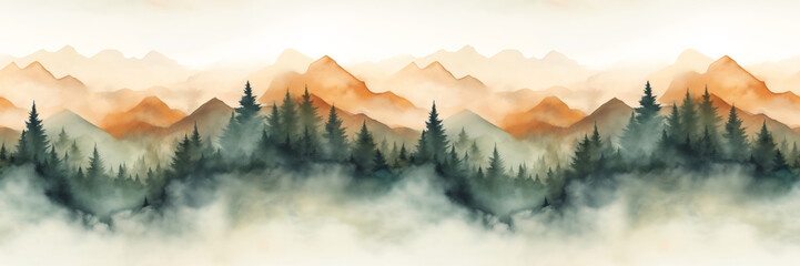 Seamless pattern with misty mountains and pine trees in earthy green and brown colors. Hand drawn watercolor landscape seamless border. For print, graphic design, fabric, wallpaper, wrapping paper - obrazy, fototapety, plakaty