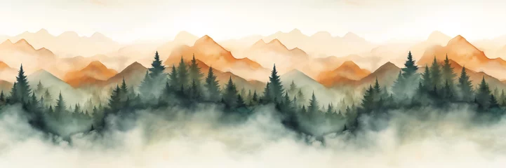 Tuinposter Seamless pattern with misty mountains and pine trees in earthy green and brown colors. Hand drawn watercolor landscape seamless border. For print, graphic design, fabric, wallpaper, wrapping paper © Milan