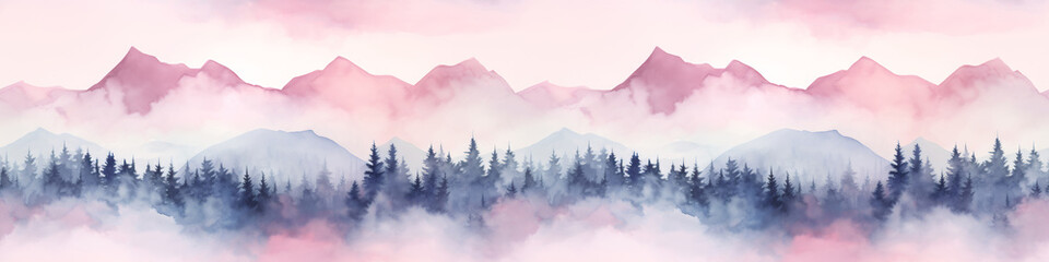 Seamless pattern with mountains and pine trees in blue and pink colors. Hand drawn watercolor mountain landscape seamless border. For print, graphic design, postcard, wallpaper, wrapping paper - obrazy, fototapety, plakaty