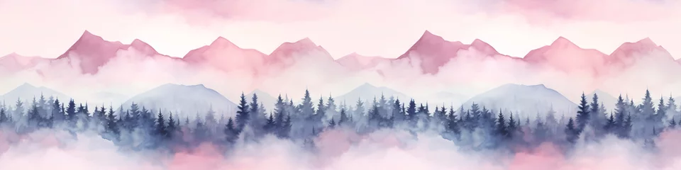 Photo sur Plexiglas Blanche Seamless pattern with mountains and pine trees in blue and pink colors. Hand drawn watercolor mountain landscape seamless border. For print, graphic design, postcard, wallpaper, wrapping paper