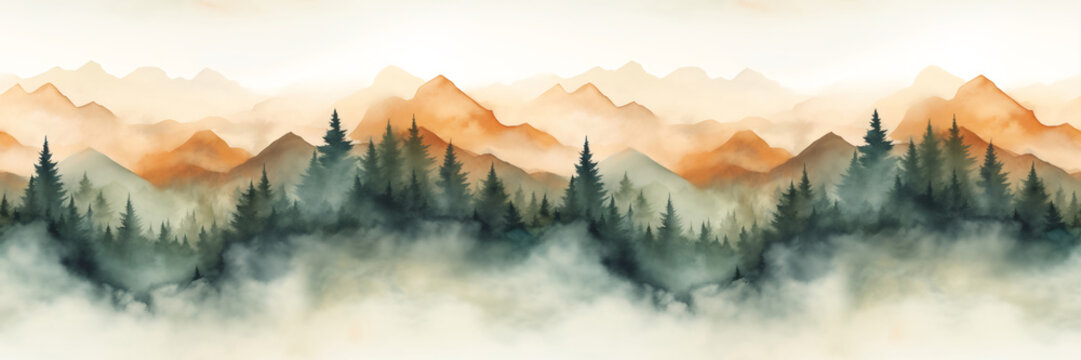 Seamless pattern with misty mountains and pine trees in earthy green and brown colors. Hand drawn watercolor landscape seamless border. For print, graphic design, fabric, wallpaper, wrapping paper