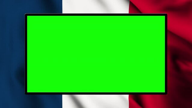 Large screen isolated from the alpha channel with the french flag waving in the background.Seamless loop.You can easily add images or videos within the screen.France concept.