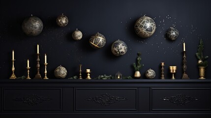 A wall that is dark and covered in ornaments