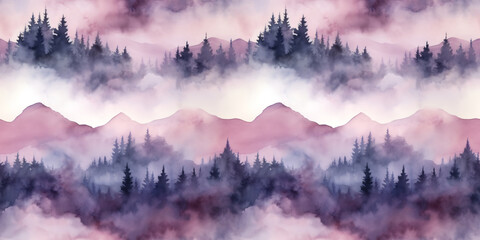 Seamless pattern with mountains and pine trees in purple and white colors. Hand drawn watercolor mountain landscape seamless border. For print, graphic design, postcard, wallpaper, wrapping paper