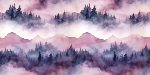 Rolgordijnen Aubergine Seamless pattern with mountains and pine trees in purple and white colors. Hand drawn watercolor mountain landscape seamless border. For print, graphic design, postcard, wallpaper, wrapping paper