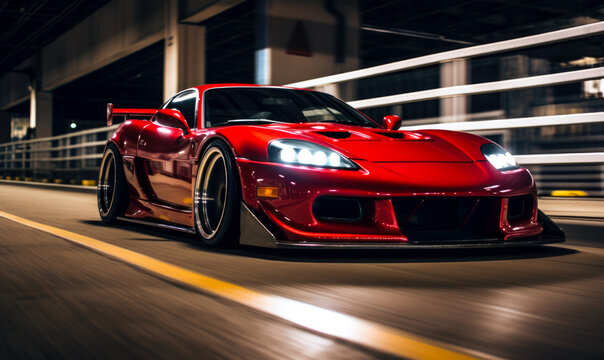 The swift movement of a high-speed car on the road, captured with a dynamic blur effect.