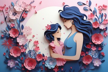 Happy mothers day Illustration, mothers love relationships between mother and child with flower in the background - obrazy, fototapety, plakaty