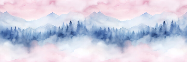 Seamless pattern with mountains and pine trees in blue, purple and pink colors. Hand drawn watercolor mountain landscape seamless border. For print, graphic design, postcard, wallpaper, wrapping paper