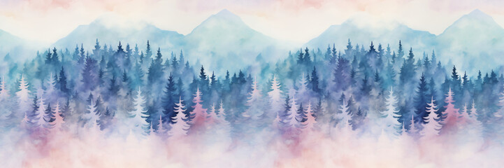 Seamless pattern with mountains and pine trees in blue, purple and pink colors. Hand drawn watercolor mountain landscape seamless border. For print, graphic design, postcard, wallpaper, wrapping paper - obrazy, fototapety, plakaty