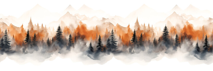 Seamless border with hand painted watercolor mountains and pine trees. Seamless pattern with panoramic landscape in orange and black colors. For print, graphic design, wallpaper, paper - obrazy, fototapety, plakaty