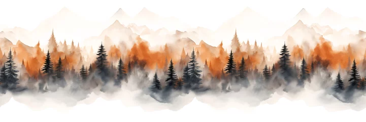 Deurstickers Seamless border with hand painted watercolor mountains and pine trees. Seamless pattern with panoramic landscape in orange and black colors. For print, graphic design, wallpaper, paper © Milan