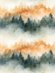 Seamless pattern with misty mountains and pine trees in earthy green and brown colors. Hand drawn watercolor landscape seamless pattern. For print, graphic design, fabric, wallpaper, wrapping paper