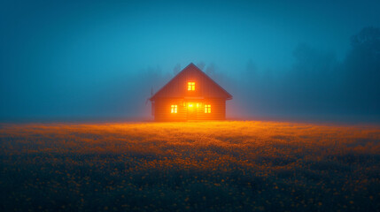 Fototapeta premium house in the forest on a blue background with bright lighting