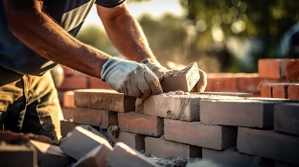 A worker who lays bricks is constructing a wall using bricks. - obrazy, fototapety, plakaty